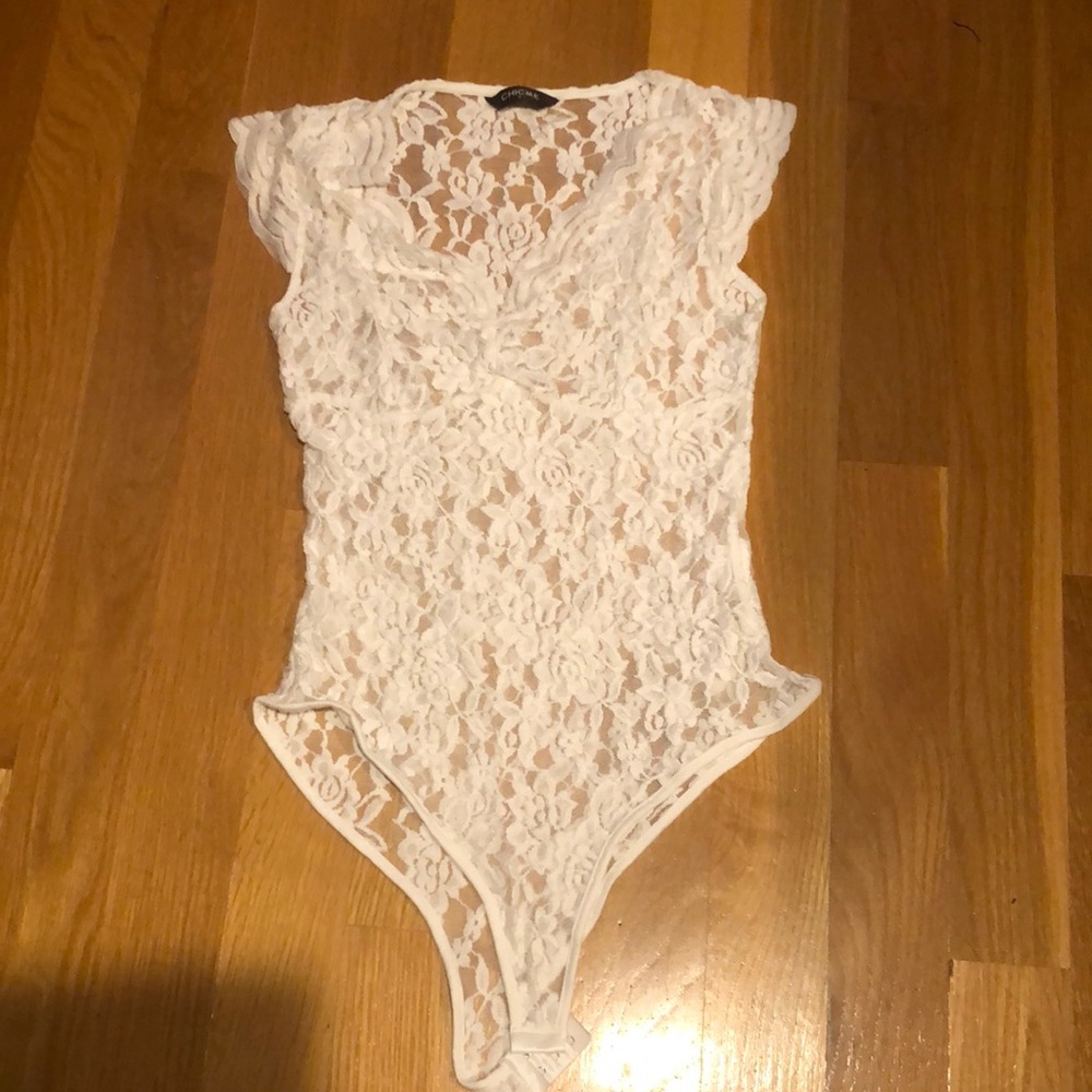 Crochet Lace V Neck Bodysuit White